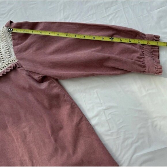 Zara Boho Dusty Pink 3/4 sleeve Corduroy crochet Ruffles Cotton Top XS - Picture 8 of 9